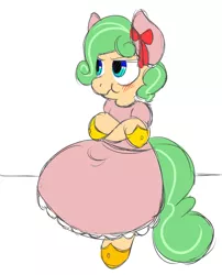 Size: 726x900 | Tagged: artist:zanezandell, clothes, cmcnext, crossdressing, derpibooru import, dress, ear socks, oc, oc:truffle mint, safe, solo, unofficial characters only