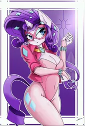 Size: 2324x3425 | Tagged: ambiguous facial structure, anthro, artist:europamaxima, bedroom eyes, belly button, breasts, busty rarity, cleavage, clothes, derpibooru import, fabulous, female, pantyhose, power ponies, radiance, rarity, season 4, solo, solo female, speculation, suggestive