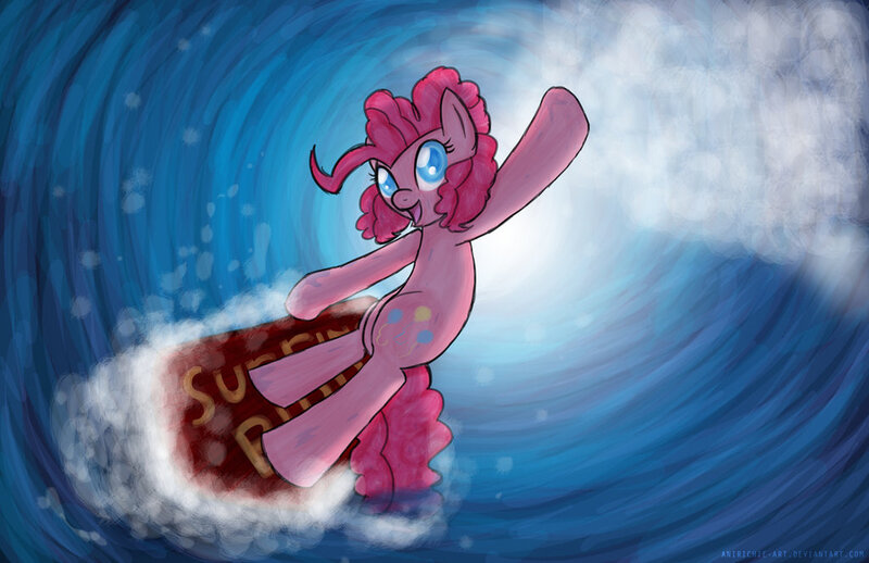 Size: 1024x663 | Tagged: safe, artist:ladyanidraws, derpibooru import, pinkie pie, pony, bipedal, ocean, smiling, solo, summer, surfboard, surfing, wave, waving