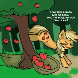 Size: 1000x1000 | Tagged: safe, artist:fauxsquared, derpibooru import, applejack, apple, apple/apples falling, applebucking, apple tree, bucking, solo, tree, trixie is magic, unamused