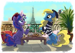 Size: 900x641 | Tagged: artist:yulyeen, bread, bronydays, clothes, croissant, derpibooru import, eiffel tower, food, france, hat, magic, mascot, oc, oc:madame banane, paris, safe, table, tea, teacup, teapot, unofficial characters only