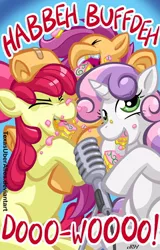 Size: 462x720 | Tagged: safe, artist:texasuberalles, derpibooru import, apple bloom, scootaloo, sweetie belle, earth pony, pegasus, pony, unicorn, cake, cutie mark crusaders, eating, food, gap teeth, happy birthday, messy, messy eating, michelle creber, microphone, singing, trio