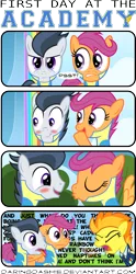 Size: 2000x4034 | Tagged: safe, artist:daringdashie, derpibooru import, rumble, scootaloo, spitfire, blushing, clothes, cockblock, comic, female, male, rumbloo, shipping, straight, uniform, wonderbolt trainee uniform