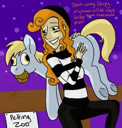 Size: 889x931 | Tagged: safe, artist:cartoonlion, artist:pacce, derpibooru import, carrot top, derpy hooves, golden harvest, human, pony, bubble butt, carrying, colored, humanized, kidnapped, muffin, petting zoo, plot, stealing, underhoof