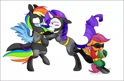 Size: 1024x670 | Tagged: safe, artist:blackbewhite2k7, artist:mellowyellowpony, derpibooru import, rainbow dash, rarity, scootaloo, batman, batman and robin, batmare, catwoman, crossover, disgusted, eww, female, lesbian, parody, raridash, robin, shipping, tongue out