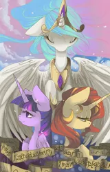 Size: 580x905 | Tagged: dead source, safe, artist:loyaldis, derpibooru import, princess celestia, sunset shimmer, twilight sparkle, twilight sparkle (alicorn), pony, unicorn, fanfic, fanfic:sunset of time, fanfic art, fanfic cover, trio