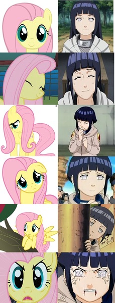 Size: 575x1506 | Tagged: safe, derpibooru import, fluttershy, pegasus, pony, byakugan, comparison, cute, eyes closed, face, hiding, hyuuga hinata, looking at you, naruto, shy, smiling, spread wings, wings