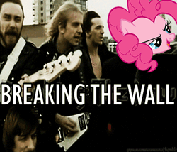 Size: 500x428 | Tagged: animated, breaking the law, caption, derpibooru import, fourth wall, gif with captions, judas priest, metal, pinkie pie, pun, rob halford, safe