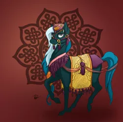 Size: 1280x1263 | Tagged: artist:theglassaddiction, derpibooru import, female, oc, oc:glassworks, red background, saddle arabia, saddle arabian, safe, simple background, solo, unofficial characters only