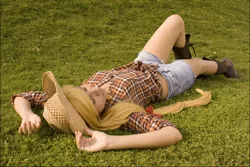 Size: 852x568 | Tagged: applejack, artist:deniisseh, cosplay, derpibooru import, grass, human, irl, irl human, on back, photo, safe, solo