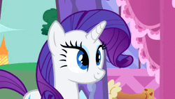 Size: 960x540 | Tagged: safe, derpibooru import, screencap, rarity, pony, unicorn, green isn't your color, animated, blushing, cute, excited, eyes closed, female, gif, grin, happy, laughing, lip bite, mare, open mouth, pronking, raribetes, smiling, solo, wahaha, weapons-grade cute
