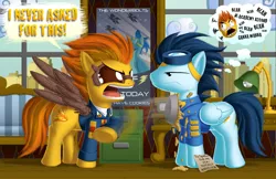 Size: 1700x1100 | Tagged: safe, artist:berrypawnch, derpibooru import, soarin', spitfire, cyborg, pegasus, pony, crossover, deus ex, deus ex: human revolution, goggles, i never asked for this, implied amputation, parody, pie, rage guy, uncanny valley, wings