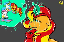 Size: 1152x764 | Tagged: safe, artist:galienyancats, derpibooru import, princess celestia, sunset shimmer, alicorn, pony, unicorn, crying, memory, sad, sunsad shimmer