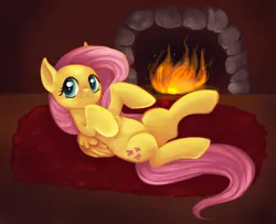 Size: 2000x1626 | Tagged: :3, artist:trefleix, bellyrubs, chest fluff, cute, derpibooru import, fireplace, fluttershy, safe, shyabetes, solo