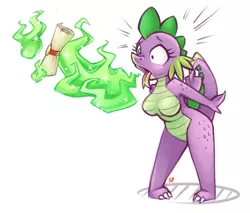 Size: 940x800 | Tagged: safe, artist:stoney pony, derpibooru import, spike, anthro, barb, barbie doll anatomy, breasts, burp, busty barb, dragon mail, featureless breasts, female, fire, green fire, nudity, older, open mouth, rule 63, scroll, simple background, solo, surprised, tongue out, white background