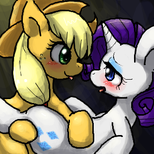 Size: 317x317 | Tagged: suggestive, artist:yajima, derpibooru import, applejack, rarity, female, lesbian, pixiv, rarijack, shipping