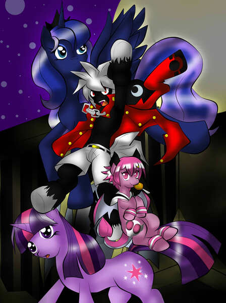 Size: 2275x3048 | Tagged: clothes, crossover, demon, derpibooru import, disgaea, disgaea 3, mao, moon, night, ponified, princess luna, raspberyl, safe, skull, stars, tumblr, twilight sparkle