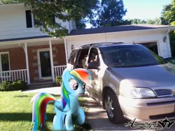 Size: 1600x1200 | Tagged: artist:alaxanderthegreat, car, derpibooru import, house, irl, lawn, oldsmobile, photo, ponies in real life, rainbow dash, safe, shadow, van