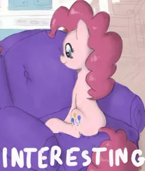 Size: 354x417 | Tagged: safe, artist:239asd, derpibooru import, pinkie pie, earth pony, pony, armchair, interesting, meme, smiling, solo