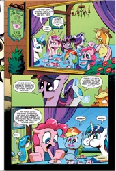 Size: 638x937 | Tagged: safe, derpibooru import, idw, applejack, fluttershy, pinkie pie, princess cadance, rainbow dash, rarity, shining armor, tealove, twilight sparkle, alicorn, earth pony, pegasus, pony, unicorn, neigh anything, spoiler:comic, spoiler:comic11, 42, aweeg*, cake, comic, cup, cute, eyes closed, female, food, glowing horn, heart, horn, horses doing horse things, idw advertisement, lapping, levitation, magic, magic aura, male, mane six, mare, meme origin, preview, stallion, tea, teacup, telekinesis