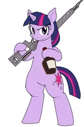 Size: 616x936 | Tagged: safe, artist:tetsutowa, derpibooru import, twilight sparkle, pony, unicorn, badass, bipedal, bottle, cutie mark, dragunov, female, gun, hooves, horn, mare, my battle pony, no scope, pixiv, rifle, simple background, smiling, sniper rifle, sniperskya vintovka dragunova, solo, svd, weapon, white background