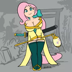 Size: 991x991 | Tagged: artist:moronsonofboron, badass, big breasts, breasts, busty fluttershy, cleavage, clothes, derpibooru import, female, flutterbadass, fluttershy, human, humanized, kimono (clothing), lantern, no nose, paper lantern, solo, solo female, suggestive, sword, thigh highs, weapon