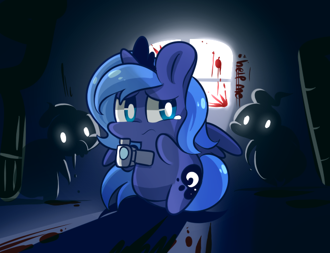 Size: 650x500 | Tagged: artist:lifeloser, backlighting, blood, chibi, crossover, dark, derpibooru import, outlast, princess luna, s1 luna, semi-grimdark, solo, window