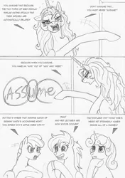 Size: 844x1200 | Tagged: apple bloom, artist:leovictor, clapping, comic, cutie mark crusaders, derpibooru import, drunk, glare, grin, monochrome, oc, oc:nyx, older, open mouth, pointing, safe, scootaloo, smiling, sweetie belle, thinking