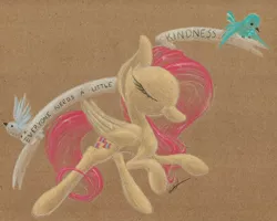 Size: 1024x820 | Tagged: artist:getchanoodlewet, bird, fluttershy, motivational, old banner, positive ponies, safe, solo, text, traditional art