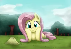 Size: 3823x2640 | Tagged: safe, artist:otakuap, derpibooru import, fluttershy, oc, oc:fluffy the bringer of darkness, giant moth, moth, pegasus, pony, animal, anthill, ants, cheek squish, cute, female, grass, hooves on cheeks, looking at something, looking down, mare, prone, shyabetes, smiling, solo, squishy cheeks