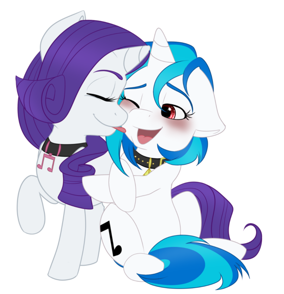 Size: 1160x1200 | Tagged: artist:llacky, blushing, collar, derpibooru import, female, lesbian, licking, rariscratch, rarity, safe, shipping, vinyl scratch