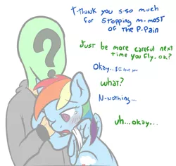 Size: 631x595 | Tagged: safe, artist:mostazathy, derpibooru import, rainbow dash, oc, oc:anon, human, pegasus, pony, bandage, blushing, clothes, cute, dashabetes, dialogue, female, human male, injured, love, male, mare, one eye closed, open mouth, simple background, tsunderainbow, tsundere, white background