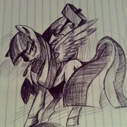 Size: 1280x1280 | Tagged: safe, artist:spanish-scoot, derpibooru import, twilight sparkle, twilight sparkle (alicorn), alicorn, pony, female, grayscale, hammer, lined paper, mare, monochrome, solo, traditional art, weapon