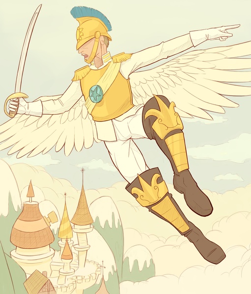 Size: 2300x2700 | Tagged: armor, artist:jakneurotic, canterlot, covered eyes, derpibooru import, flying, helmet, human, humanized, male, man, royal guard, saber, safe, solo, sword, weapon, winged humanization, wings