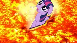 Size: 800x450 | Tagged: safe, derpibooru import, twilight sparkle, pony, unicorn, abuse, crying, female, floppy ears, frown, grimderp, kamen rider, kamen rider fourze, lava, mare, sad, solo, spoiler, twilight is anakin, twilybuse, unicorn twilight, wide eyes