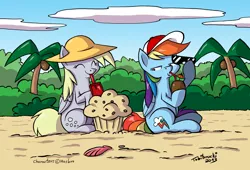 Size: 1300x882 | Tagged: safe, artist:tobibrocki, derpibooru import, derpy hooves, rainbow dash, pegasus, pony, beach, female, hat, mare, muffin, palm tree, sandcastle, straw hat, sunglasses, tree