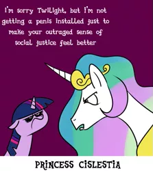 Size: 463x518 | Tagged: angry, artist:catfood-mcfly, cisgender, derpibooru import, feminism, feminist, floppy ears, frown, glare, grumpy, princess celestia, princess cislestia, pun, safe, social justice, social justice warrior, tumblr, twilight sparkle