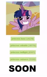 Size: 349x574 | Tagged: safe, derpibooru import, princess cadance, princess celestia, princess luna, twilight sparkle, twilight sparkle (alicorn), alicorn, pony, derpibooru, exploitable meme, female, mare, meta, soon, tags