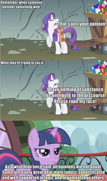 Size: 640x1080 | Tagged: caption, comic, debating, derpibooru import, douglas adams, edit, edited screencap, female, logic, meta, op has a point, opinion, >rape, rarity, screencap, screencap comic, suggestive, twilight sparkle