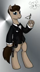 Size: 1022x1840 | Tagged: safe, artist:darkcobalt86, derpibooru import, ponified, pony, bipedal, clothes, gun, james bond, martini, solo, tuxedo