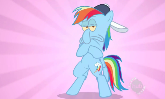 Size: 569x341 | Tagged: safe, derpibooru import, rainbow dash, pegasus, pony, abstract background, backwards ballcap, baseball cap, bipedal, female, hat, hub logo, hug life, image macro, mare, meme, solo, spongebob squarepants, squidward tentacles, thug life, wat