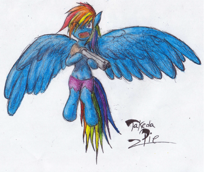 Size: 754x636 | Tagged: artist:takedapie, derpibooru import, double barreled shotgun, gun, rainbow dash, safe, shotgun, solo, weapon