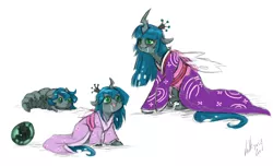 Size: 3000x1821 | Tagged: artist:valkyrie-girl, changeling, changeling oc, changeling queen, changeling queen oc, clothes, derpibooru import, drool, egg, filly, kimono (clothing), maternal instinct, nymph, oc, oc:pupa, offspring, parent:queen chrysalis, safe, simple background, unofficial characters only, white background