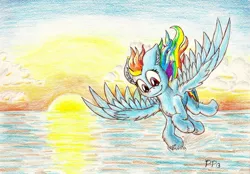 Size: 1444x1007 | Tagged: artist:punk-pegasus, derpibooru import, ocean, rainbow dash, safe, solo, sunset, traditional art