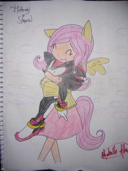 Size: 774x1032 | Tagged: artist:sonadownessfan, blushing, crossover, crossover shipping, derpibooru import, eared humanization, fluttershadow, fluttershy, holding, human, humanized, interspecies, love, safe, shadow the hedgehog, shipping, sonic the hedgehog (series), tailed humanization, traditional art, winged humanization