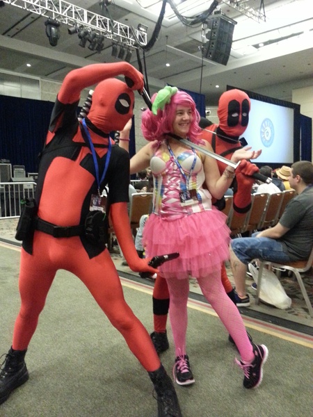 Size: 3264x2448 | Tagged: bronycon, cosplay, deadpool, derpibooru import, gun, human, irl, irl human, photo, pinkie pie, safe, sideways image, the fun has been doubled