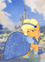 Size: 501x695 | Tagged: applejack, artist:aliceingjabberwocky, blonde, castle, cinderella, crossover, derpibooru import, disney, disney princess, hatless, missing accessory, safe, smiling, smirk, solo