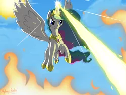 Size: 1144x866 | Tagged: artist:hydrusbeta, derpibooru import, fire, laser, laser beam, magic, magic blast, princess celestia, safe, smiting, solar beam, solo