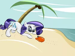 Size: 2000x1500 | Tagged: artist:malwinters, beach, crab, crab fighting a giant rarity, derpibooru import, giant crab, glasses, rarity, rarity fighting a giant crab, safe