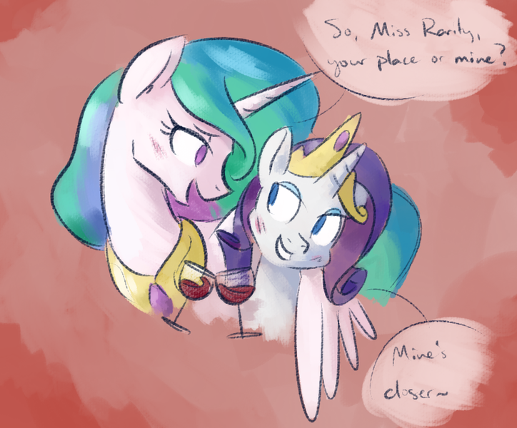 Size: 811x672 | Tagged: artist:goat train, derpibooru import, eye contact, female, grin, hug, lesbian, princess celestia, rarilestia, rarity, safe, shipping, smiling, speech bubble, wine, winghug